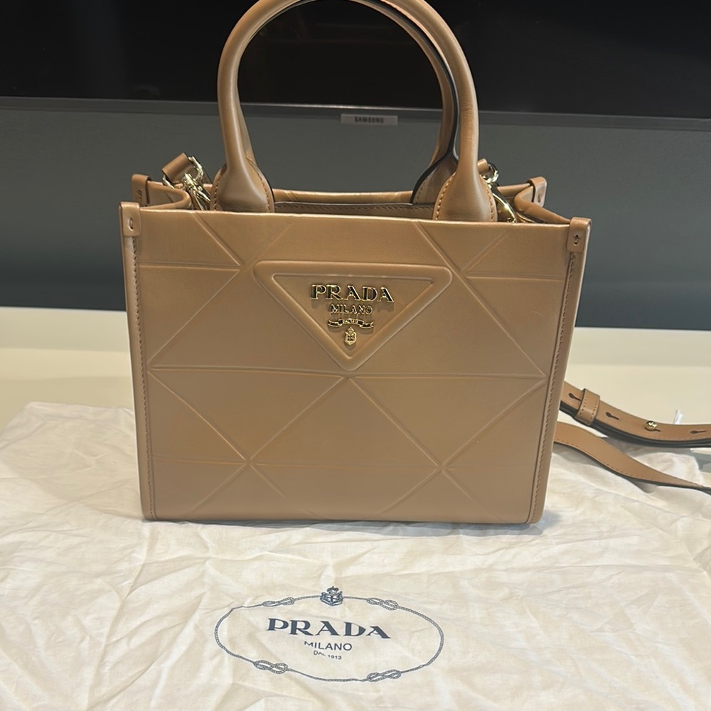 Prada Tan Saffiano Leather Satchel with Gold Hardware